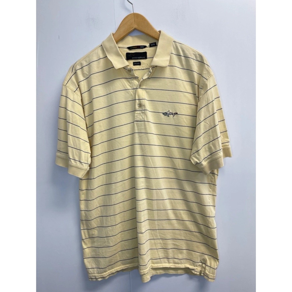 Greg Norman Men's L Golf Polo Shirt Short sleeve Yellow Striped Logo Pima Cotton
